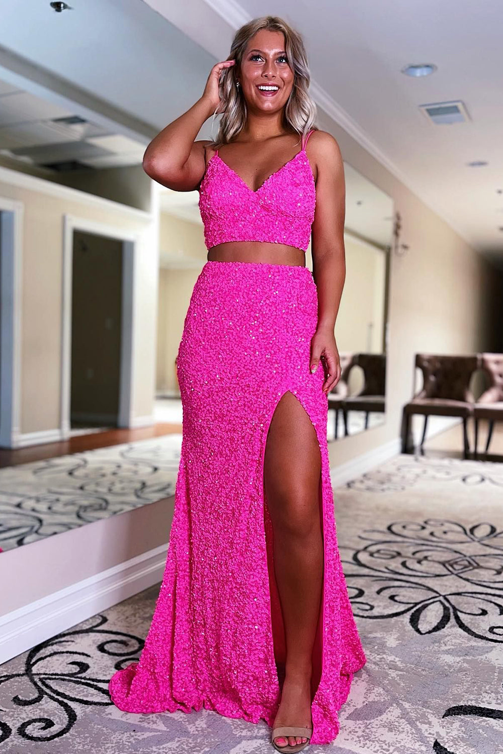Weitese Two Piece Spaghetti Straps Hot Pink Sequins Long Prom Dress with Split Front