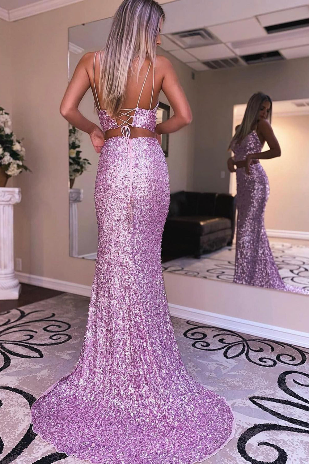 Weitese Two Piece Spaghetti Straps Hot Pink Sequins Long Prom Dress with Split Front