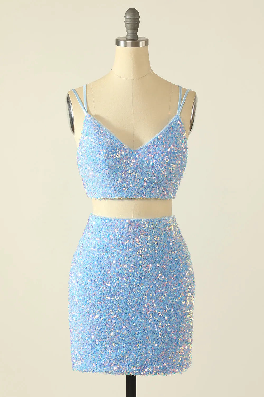 Two Piece Spaghetti Straps Sequins Short Homecoming Dress