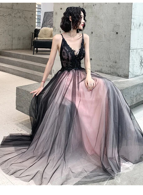 Black Lace V Neck Ombre Tulle A Line Prom Dress Spaghetti Straps