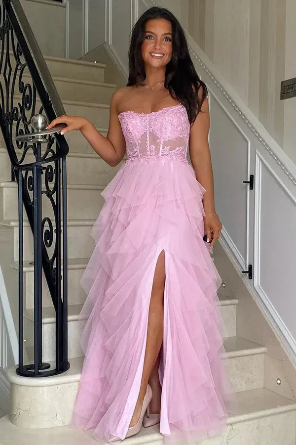 Unique A-Line Corset Sleeveless Appliques Tulle Floor Length Prom Dress