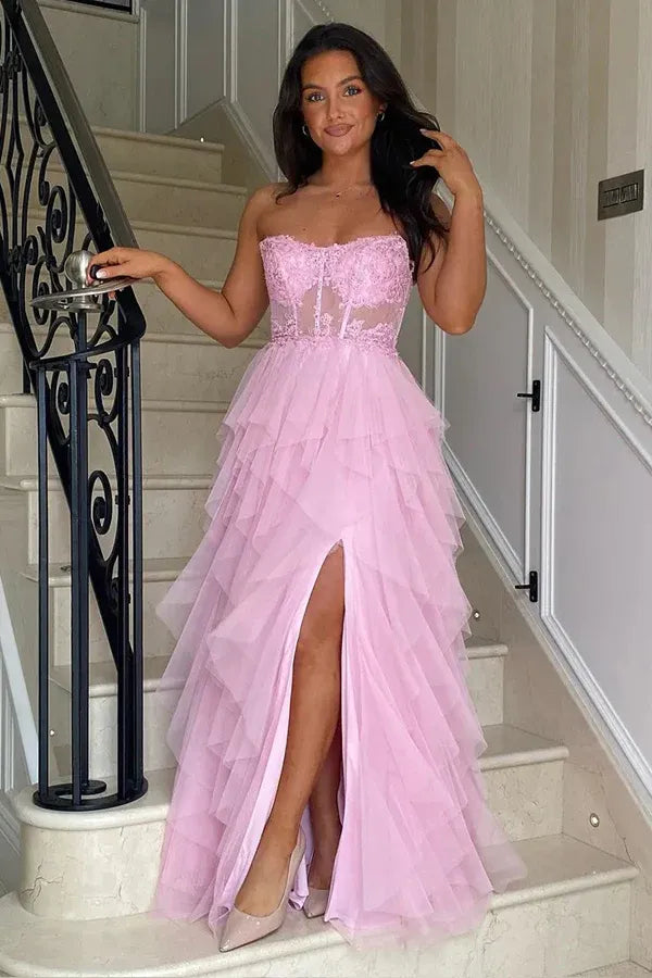 Unique A-Line Corset Sleeveless Appliques Tulle Floor Length Prom Dress