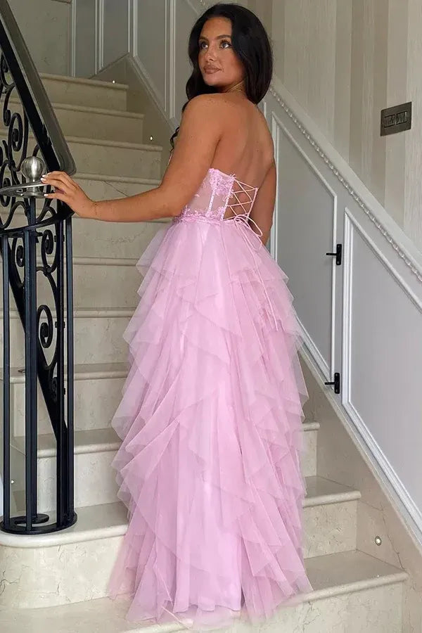 Unique A-Line Corset Sleeveless Appliques Tulle Floor Length Prom Dress