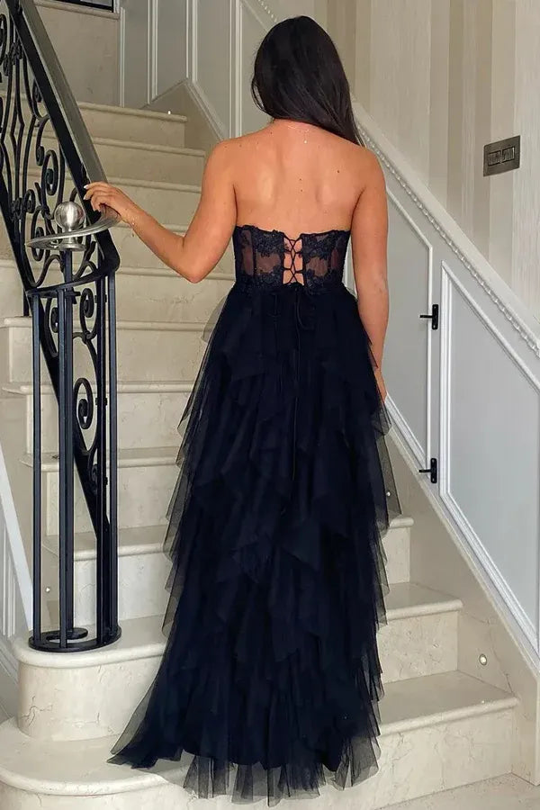 Unique A-Line Corset Sleeveless Appliques Tulle Floor Length Prom Dress