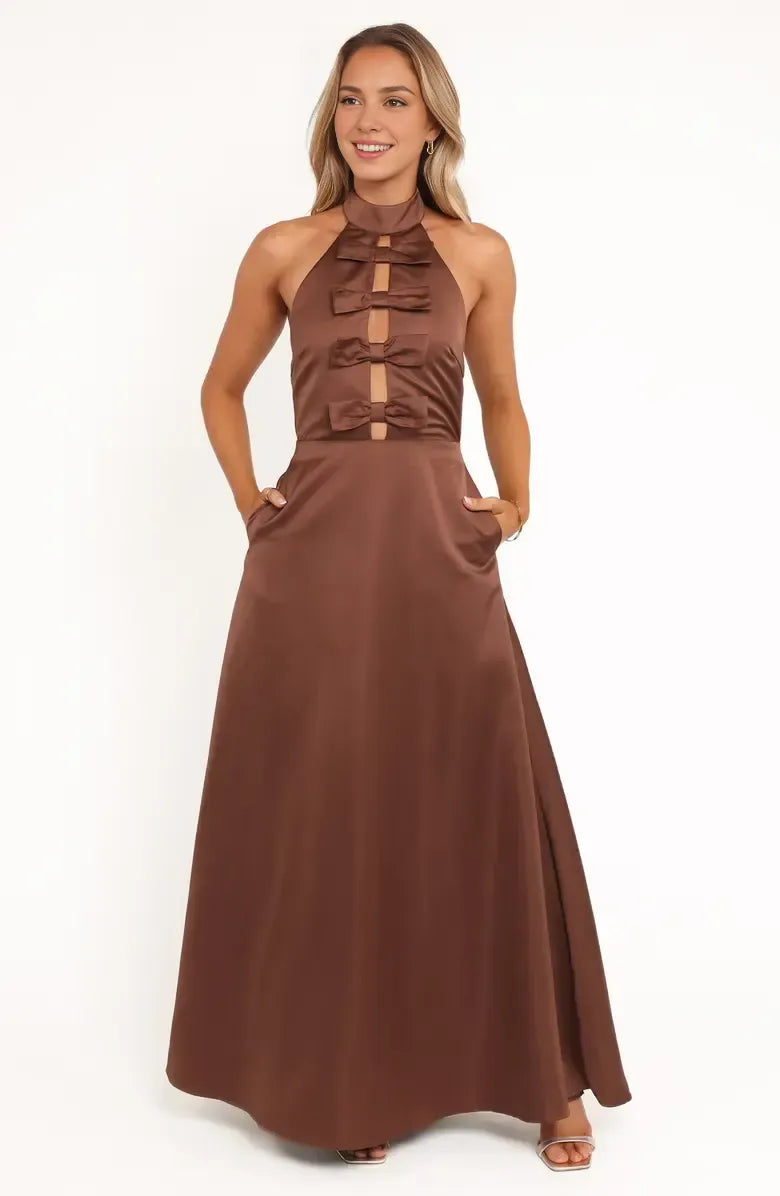 Unique A-Line Halter Neck Sleeveless Satin Floor-Length Prom Dress