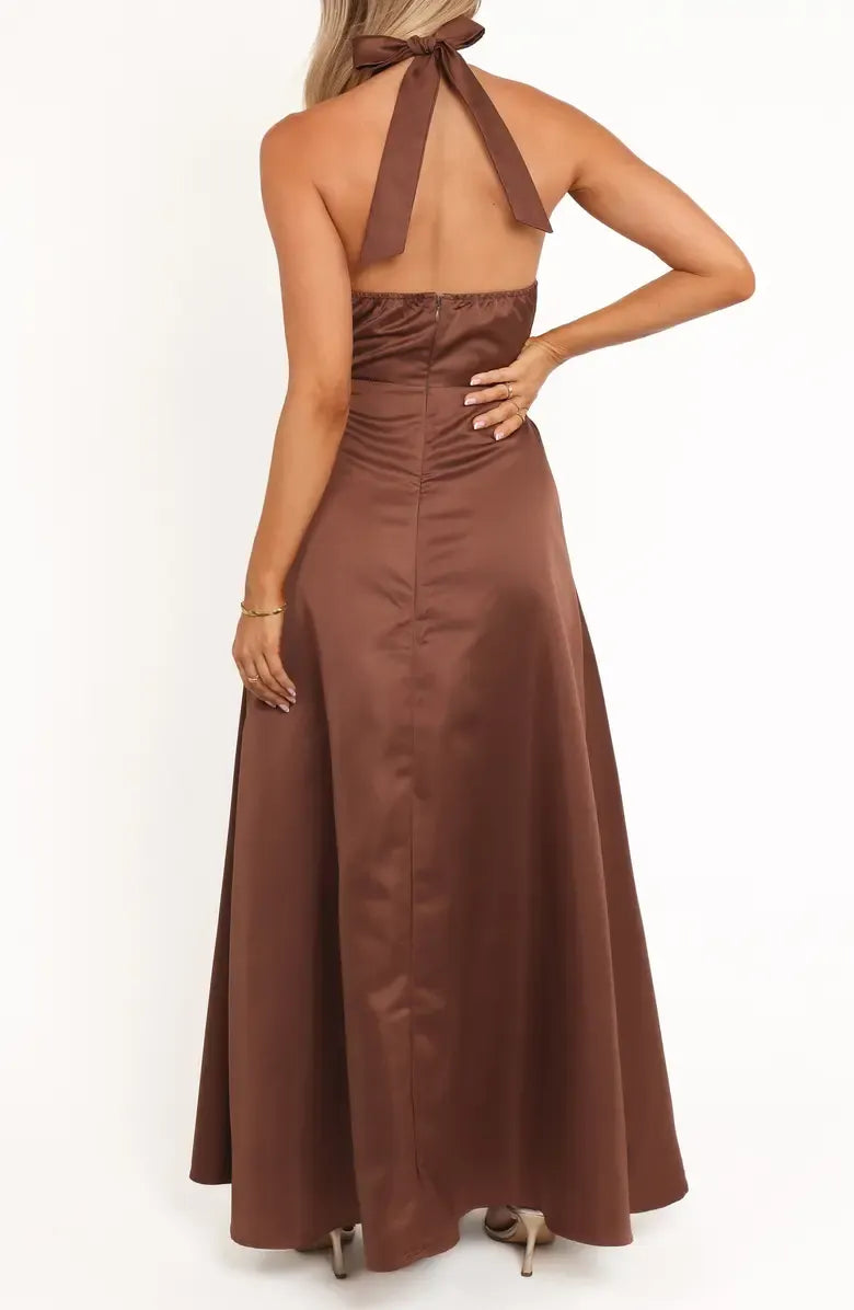 Unique A-Line Halter Neck Sleeveless Satin Floor-Length Prom Dress