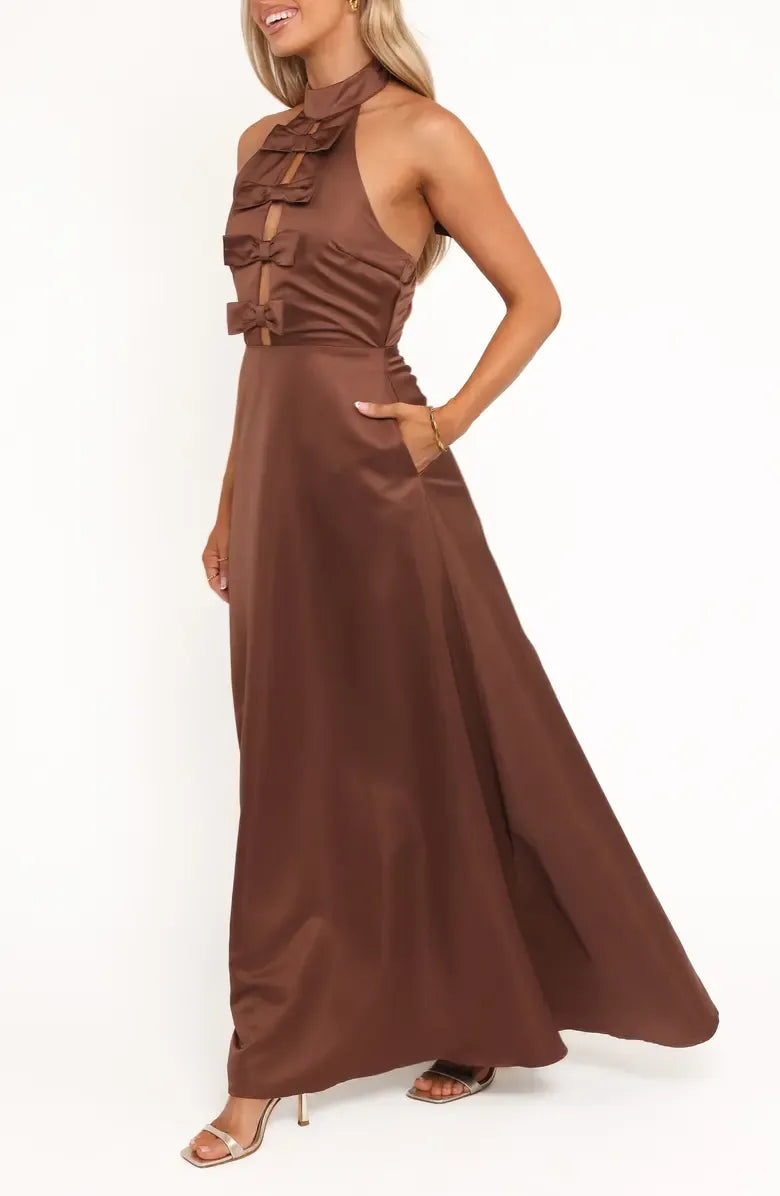 Unique A-Line Halter Neck Sleeveless Satin Floor-Length Prom Dress