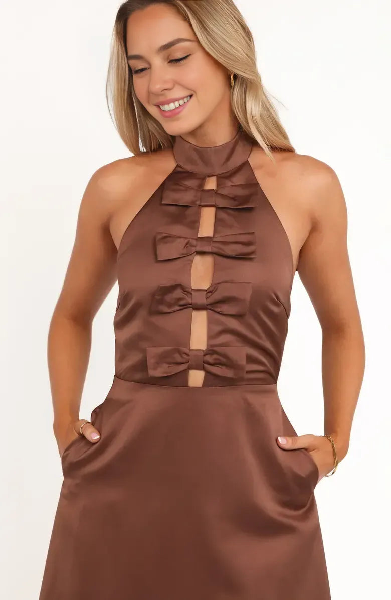 Unique A-Line Halter Neck Sleeveless Satin Floor-Length Prom Dress