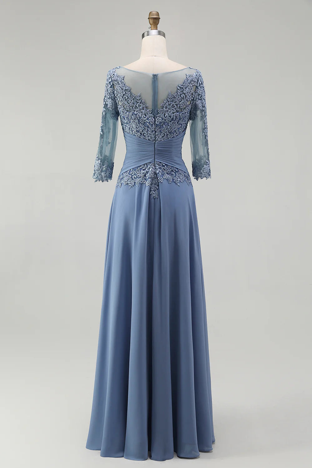 Unique A-Line Illusion Neck Long Sleeve Zipper Up Floor-Length Mother of the Bride Dress