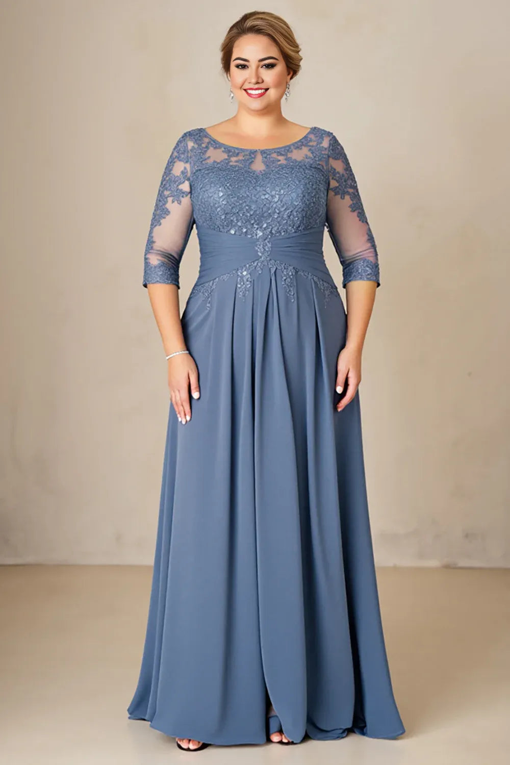 Unique A-Line Illusion Neck Long Sleeve Zipper Up Floor-Length Plus Size Mother of the Bride Dress