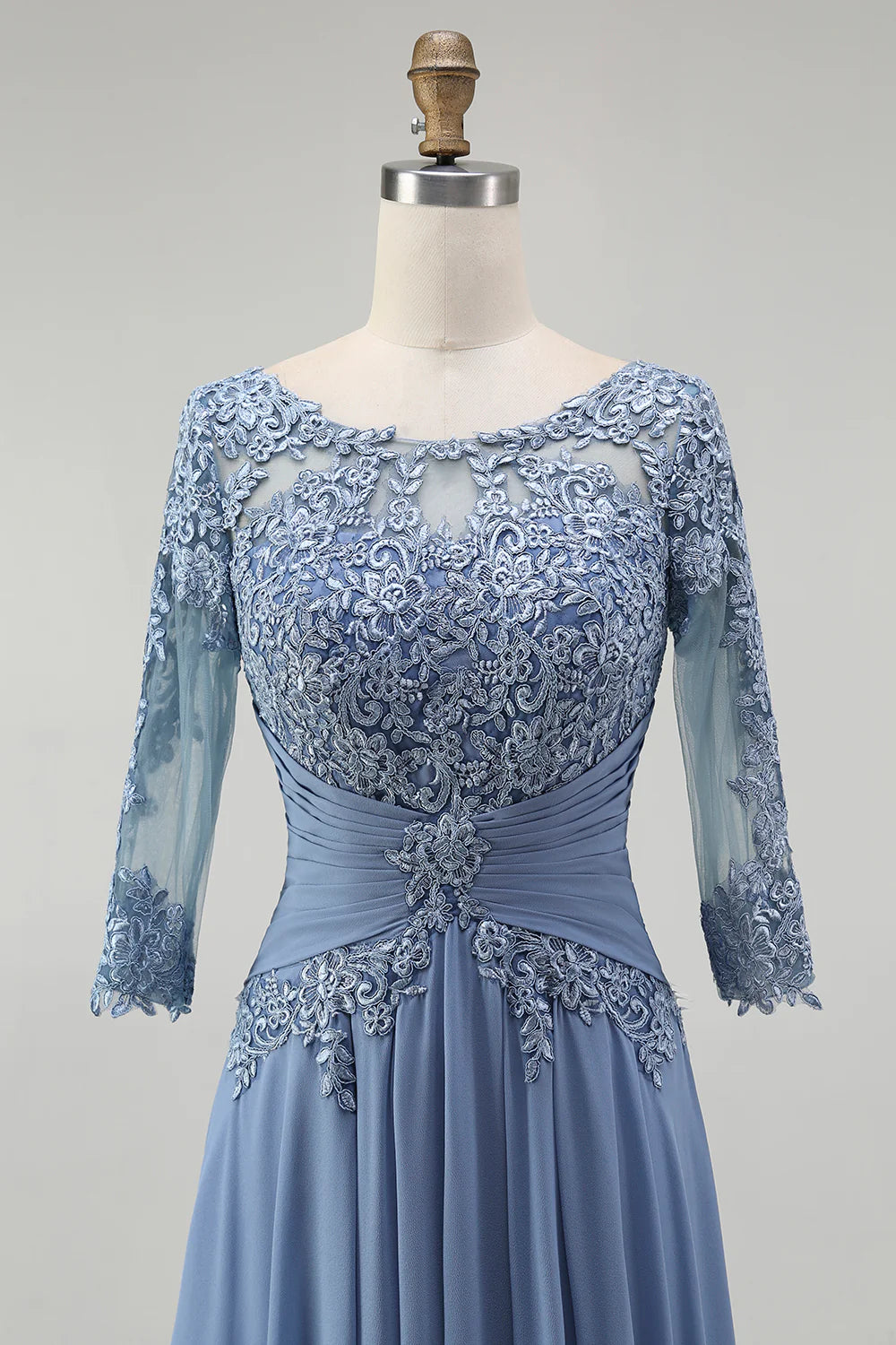 Unique A-Line Illusion Neck Long Sleeve Zipper Up Floor-Length Mother of the Bride Dress