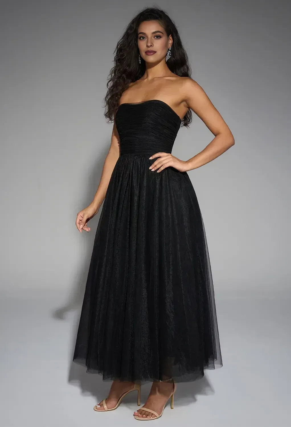 Unique A-Line Straight Neck Sleeveless Backless Tulle Ankle Length Prom Dress