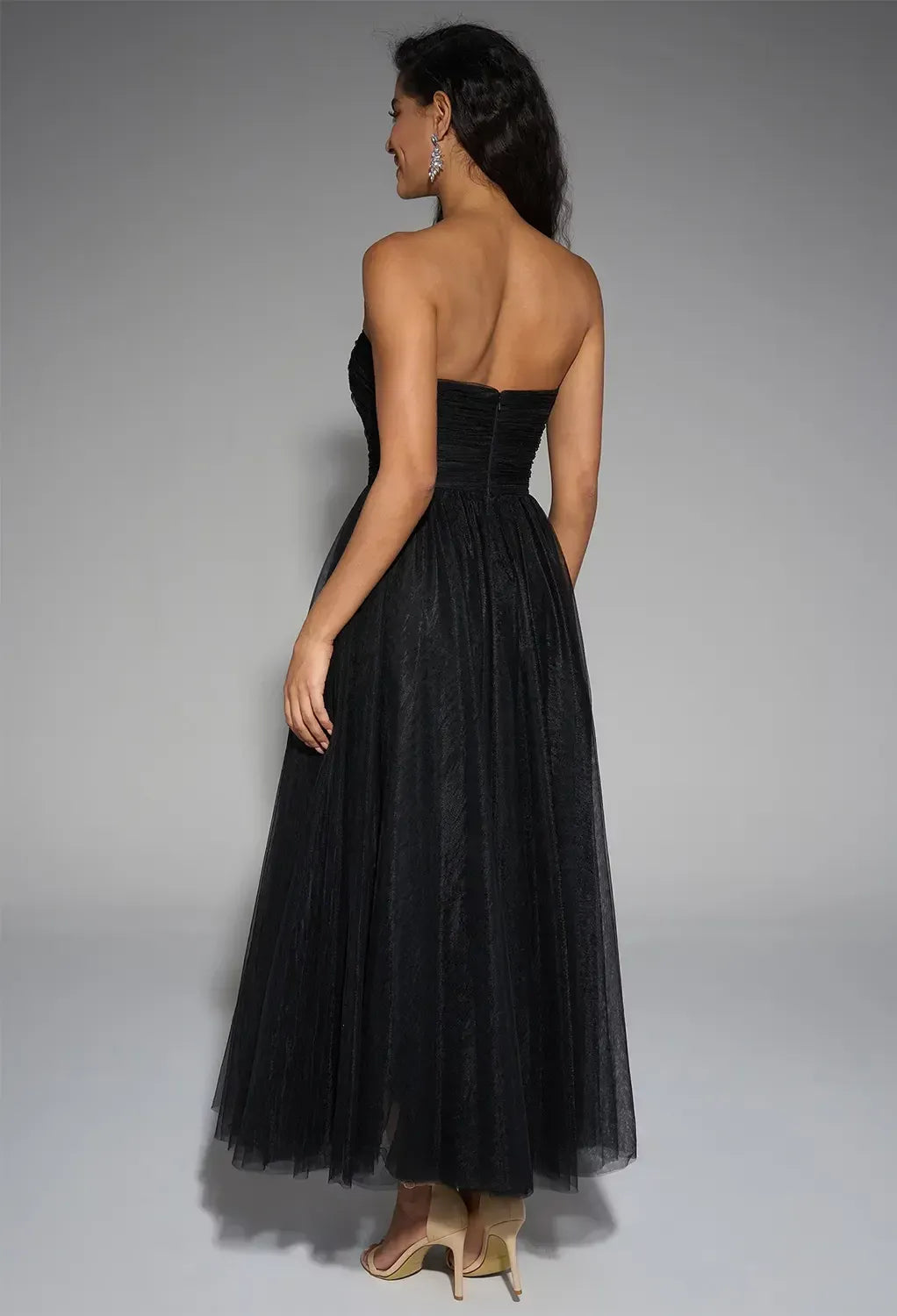 Unique A-Line Straight Neck Sleeveless Backless Tulle Ankle Length Prom Dress