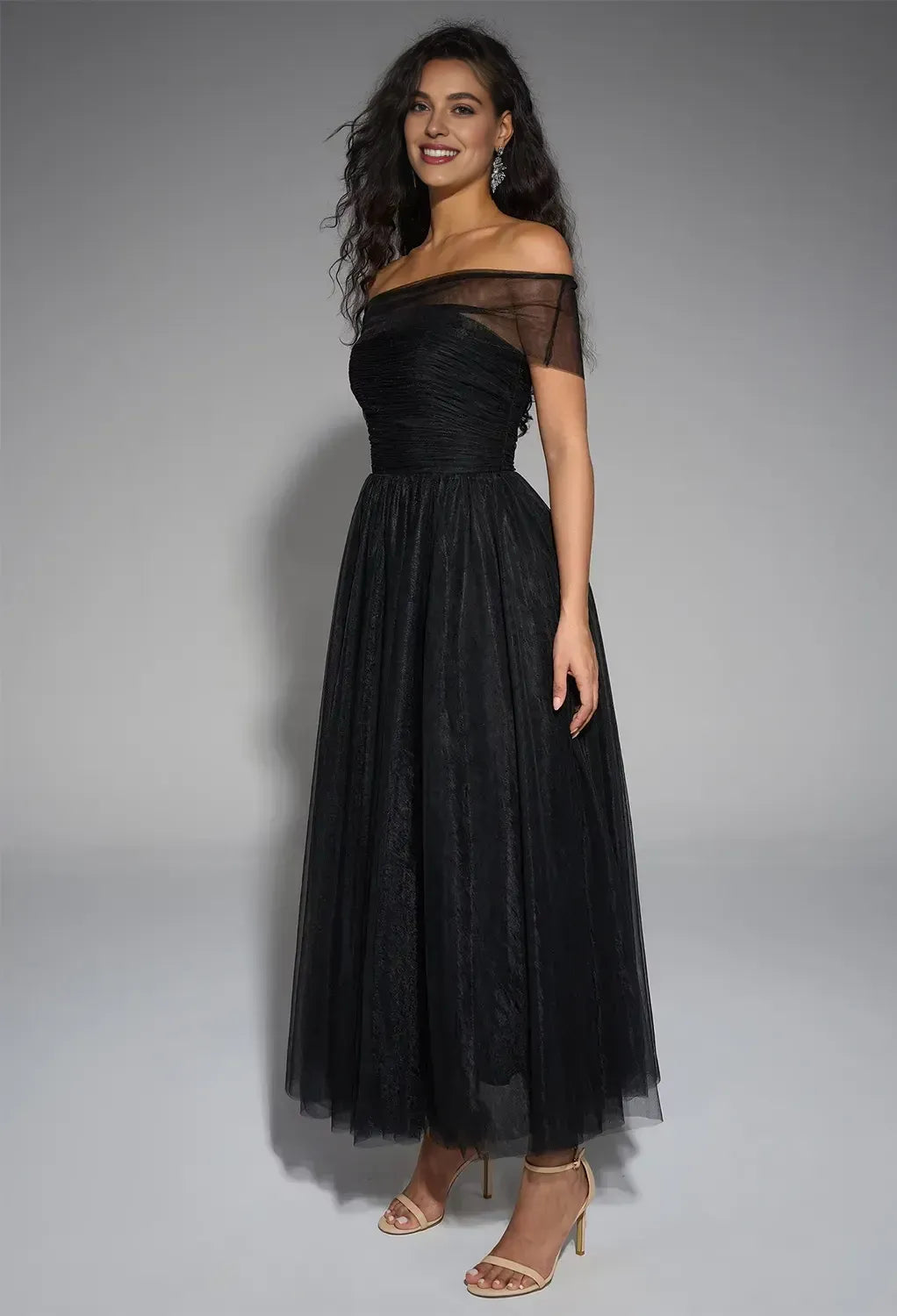 Unique A-Line Straight Neck Sleeveless Backless Tulle Ankle Length Prom Dress