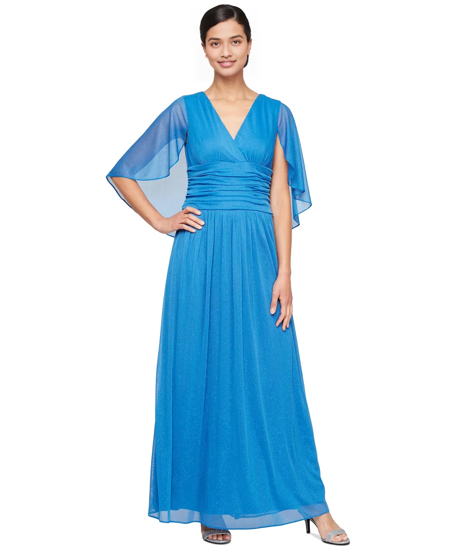 Unique A-Line V Neck Capelet Sleeve Zipper Up Floor-Length Prom Dress