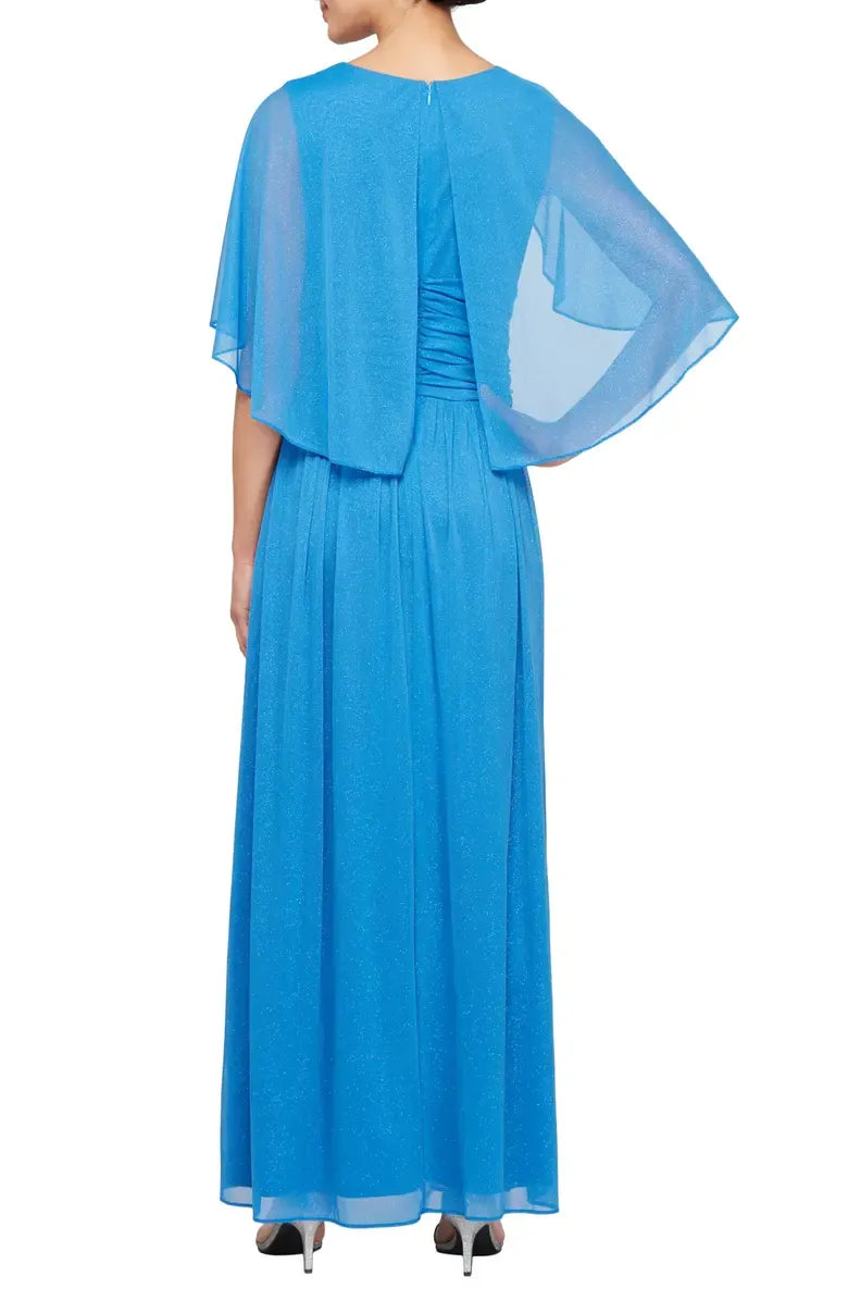 Unique A-Line V Neck Capelet Sleeve Zipper Up Floor-Length Prom Dress