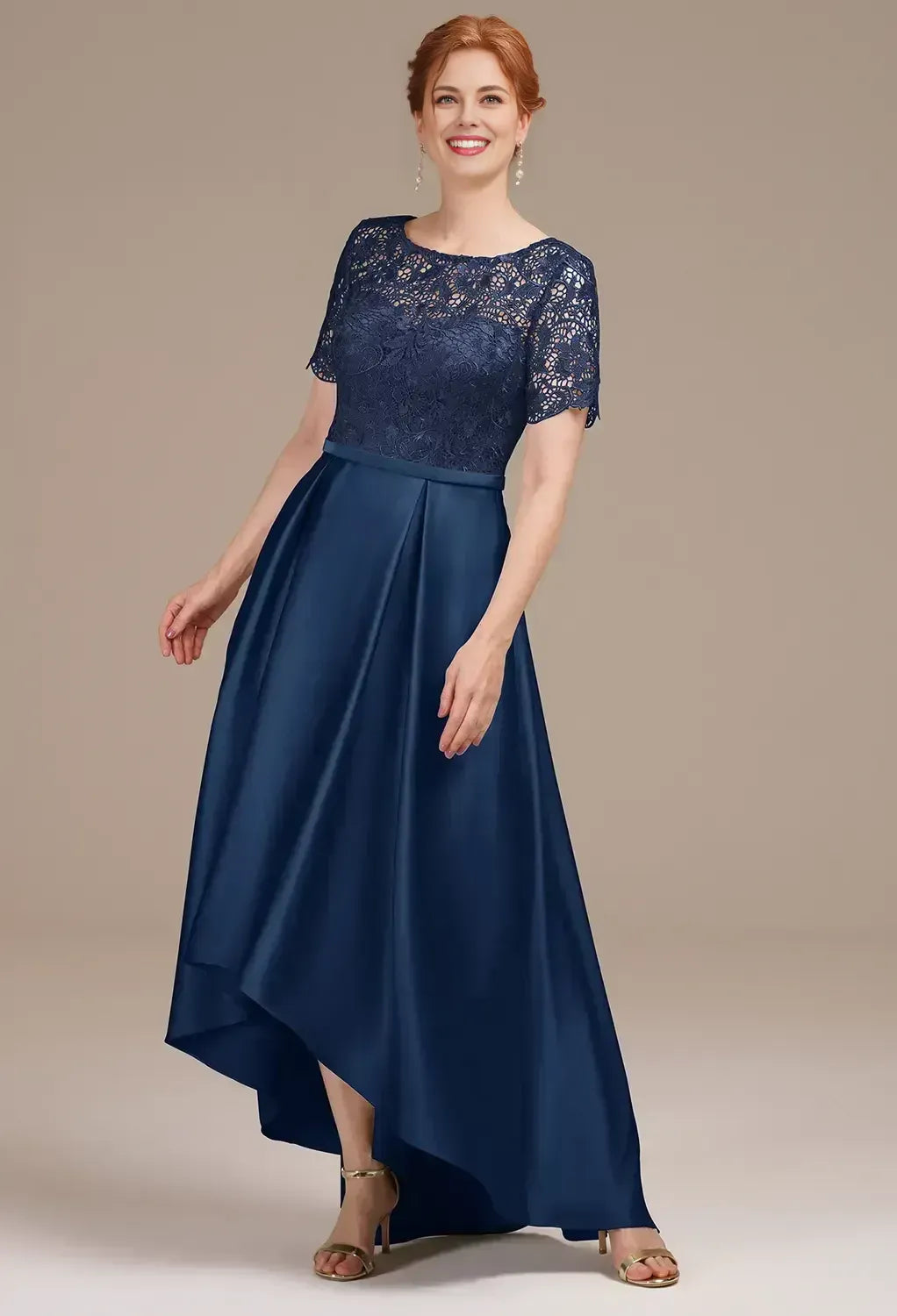 Unique A-line Bateau Neck Short Sleeves Pleated Satin Ankle Length Mother of the Bride Dress