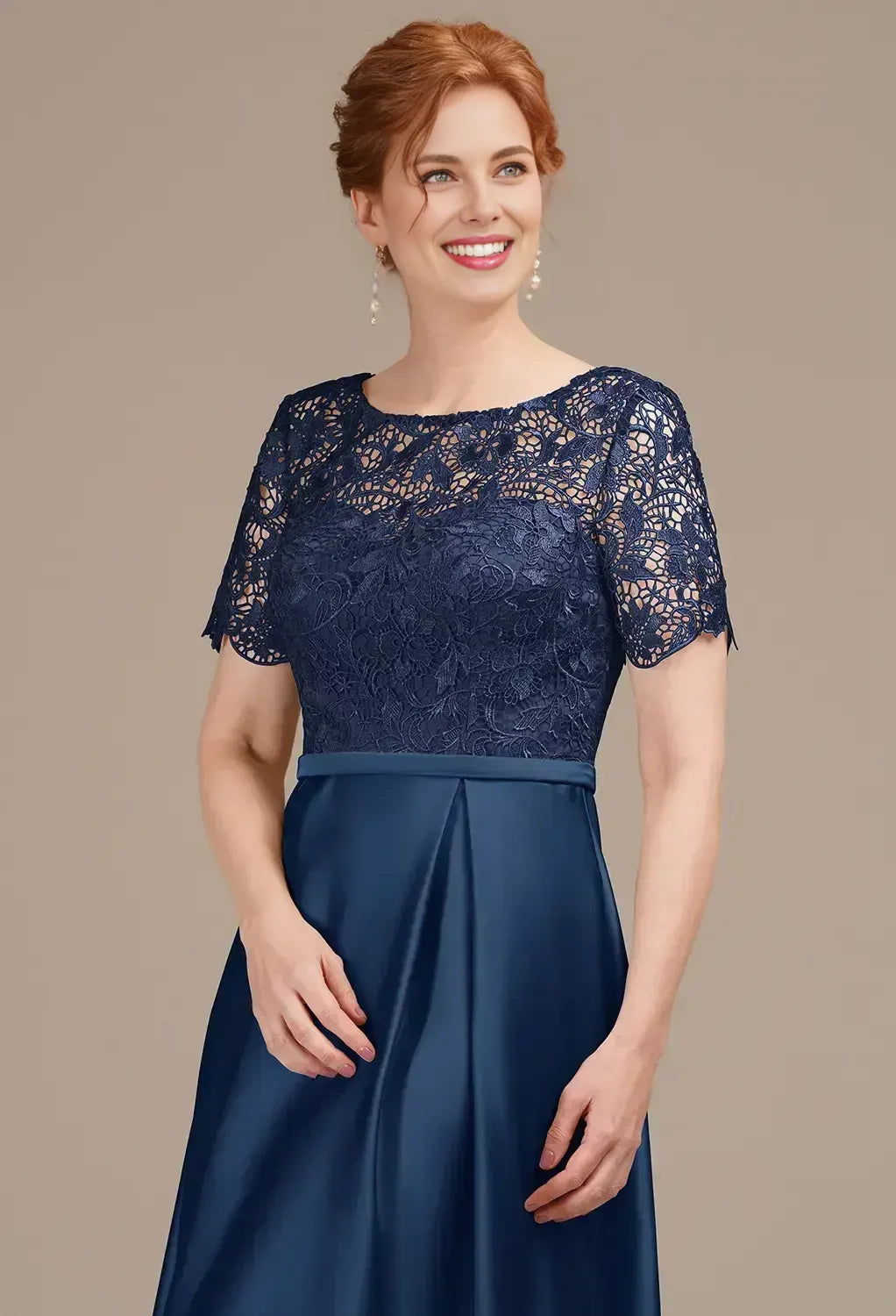 Unique A-line Bateau Neck Short Sleeves Pleated Satin Ankle Length Mother of the Bride Dress