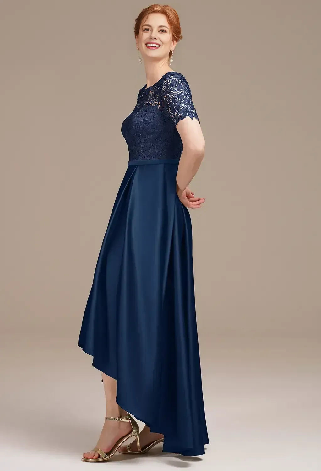 Unique A-line Bateau Neck Short Sleeves Pleated Satin Ankle Length Mother of the Bride Dress