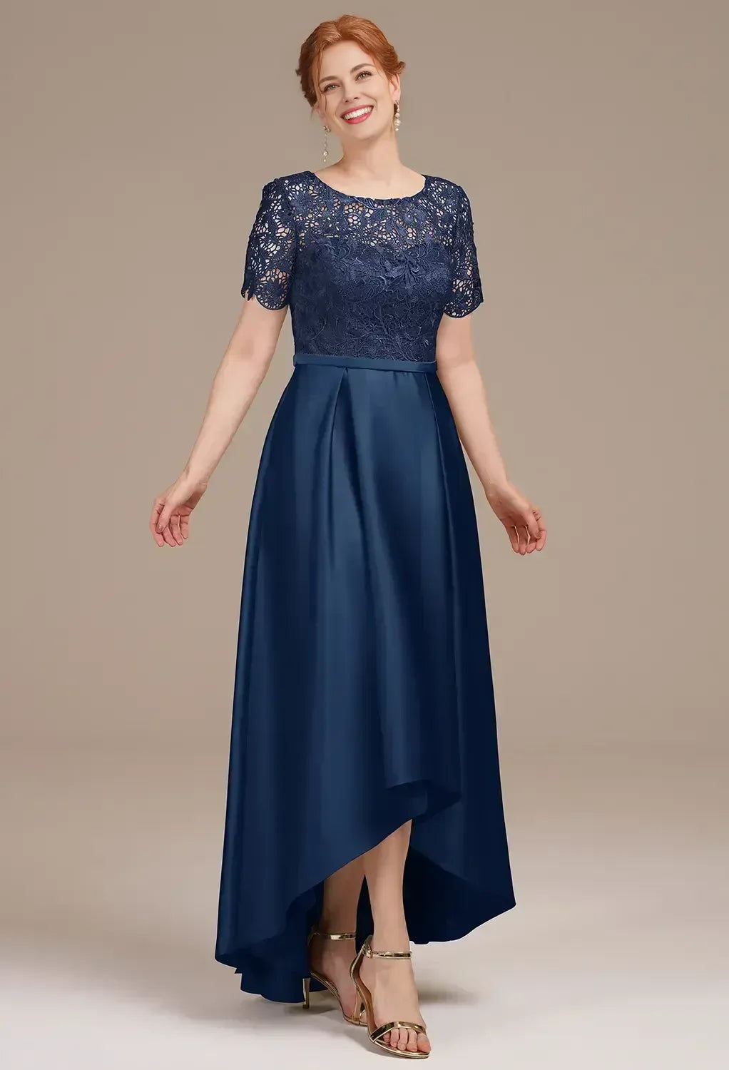 Unique A-line Bateau Neck Short Sleeves Pleated Satin Ankle Length Mother of the Bride Dress