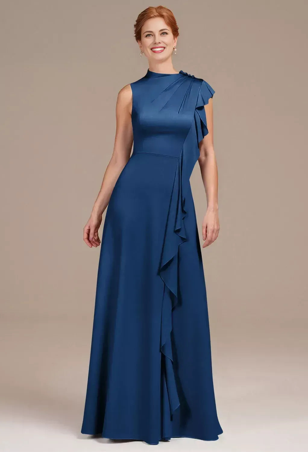 Unique A-line Bateau Neck Sleeveless Satin Floor Length Mother of the Bride Dress