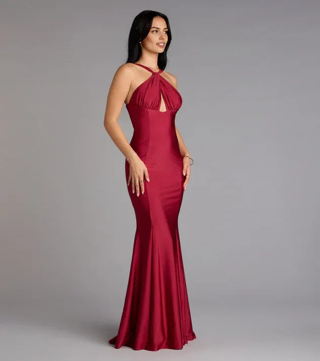 Unique Mermaid Halter Neck Sleeveless Lace Up Sweep/Brush Train Prom Dress