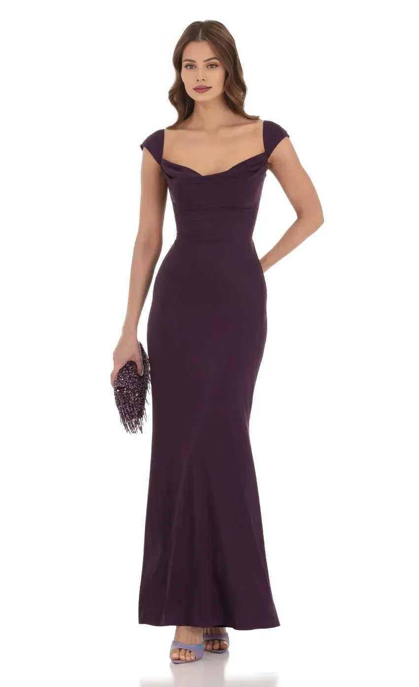 Unique Sheath/Column Cowl Neck Cap Sleeve Open Back Lace Up Floor-Length Prom Dress