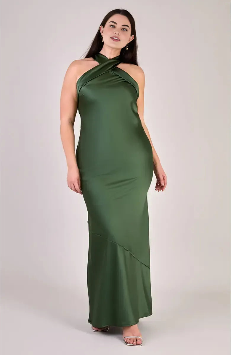 Modern Sheath Halter Neck Sleeveless Satin Floor-Length Prom Dress