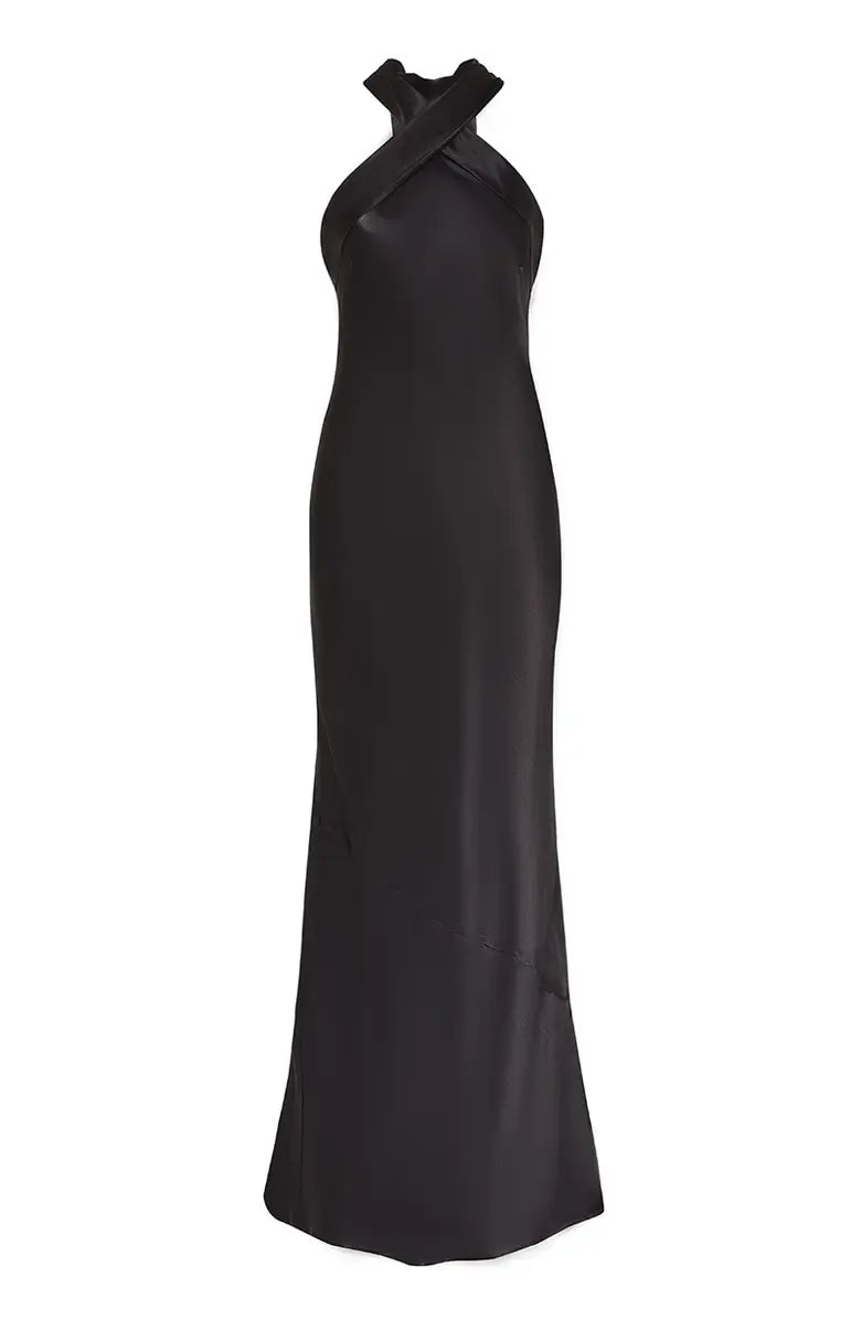 Unique Sheath Halter Neck Sleeveless Satin Floor-Length Prom Dress