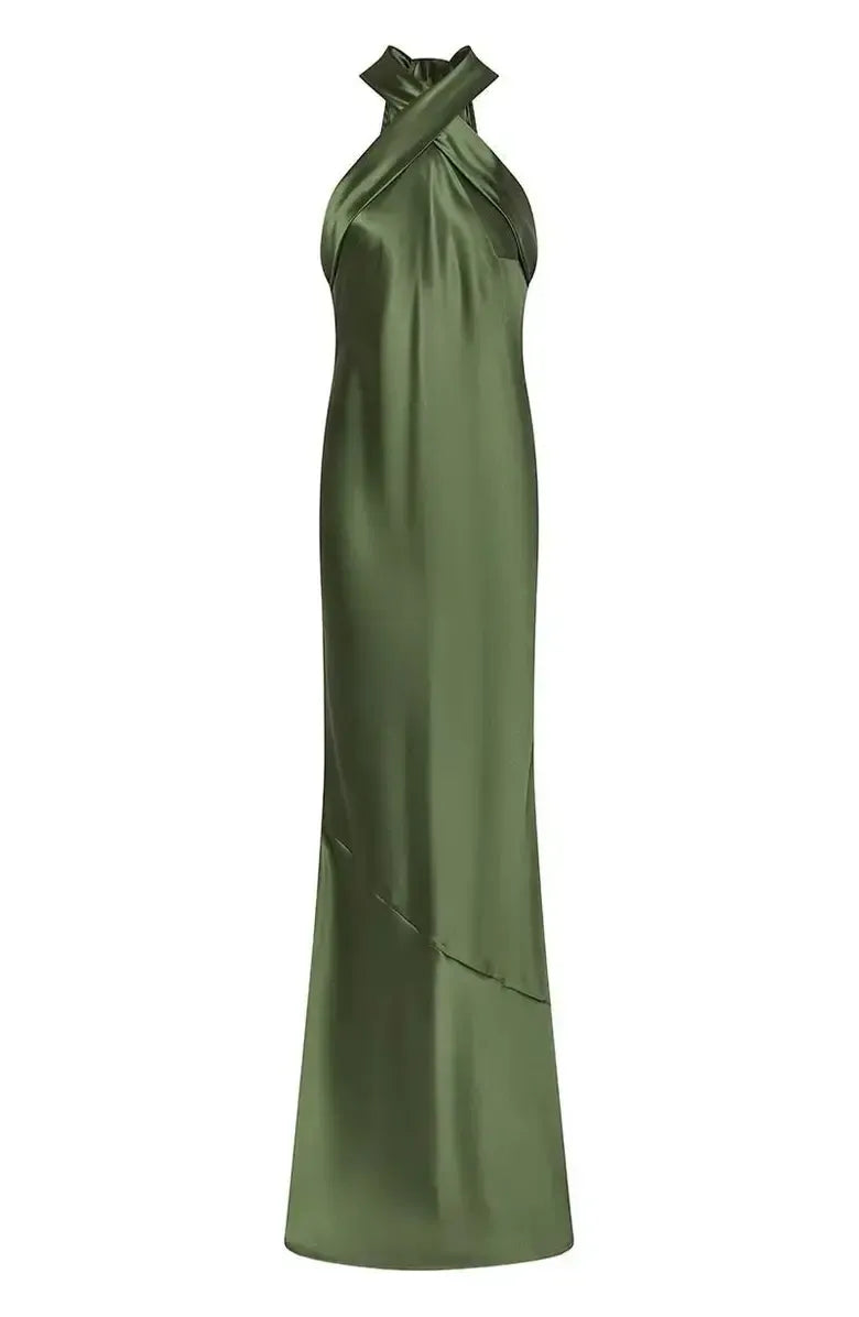 Modern Sheath Halter Neck Sleeveless Satin Floor-Length Prom Dress
