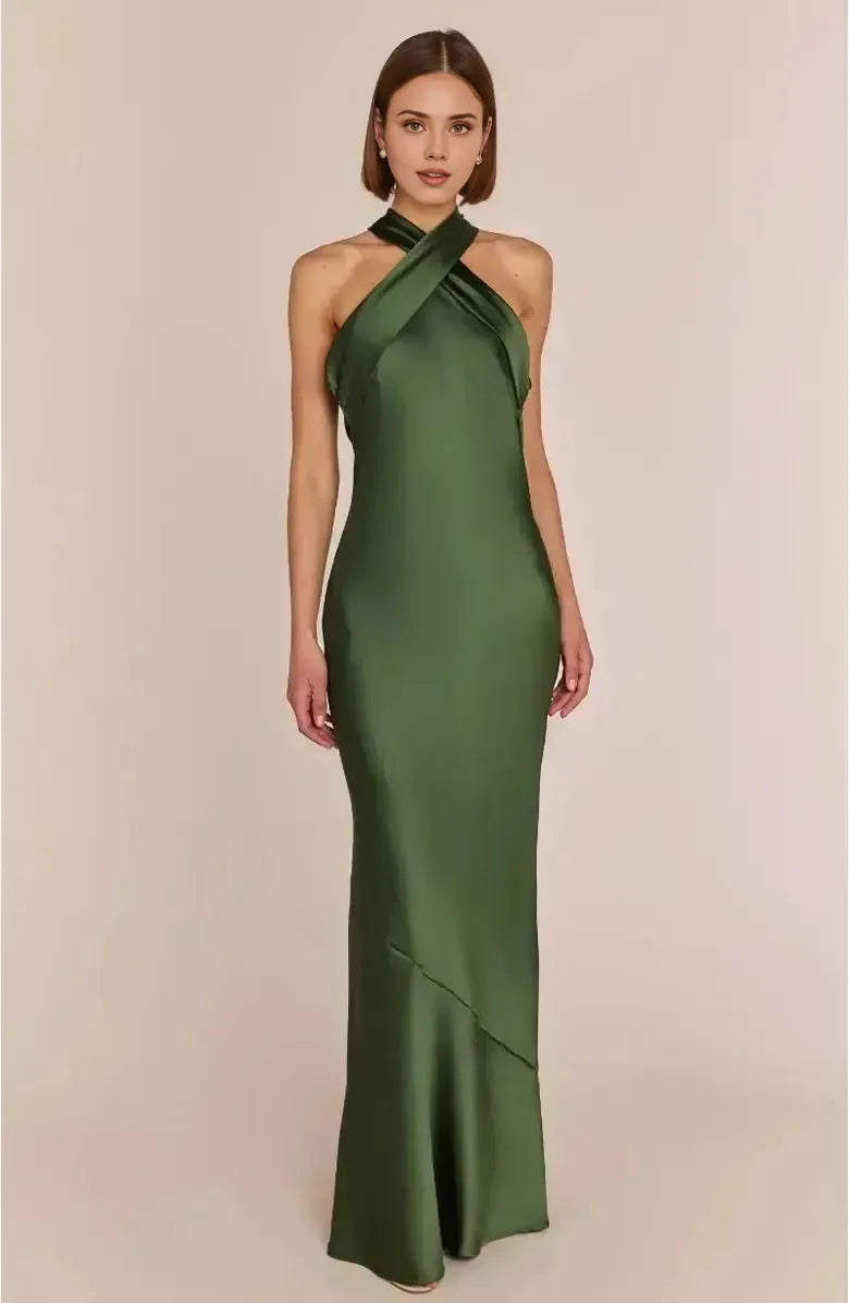 Modern Sheath Halter Neck Sleeveless Satin Floor-Length Prom Dress