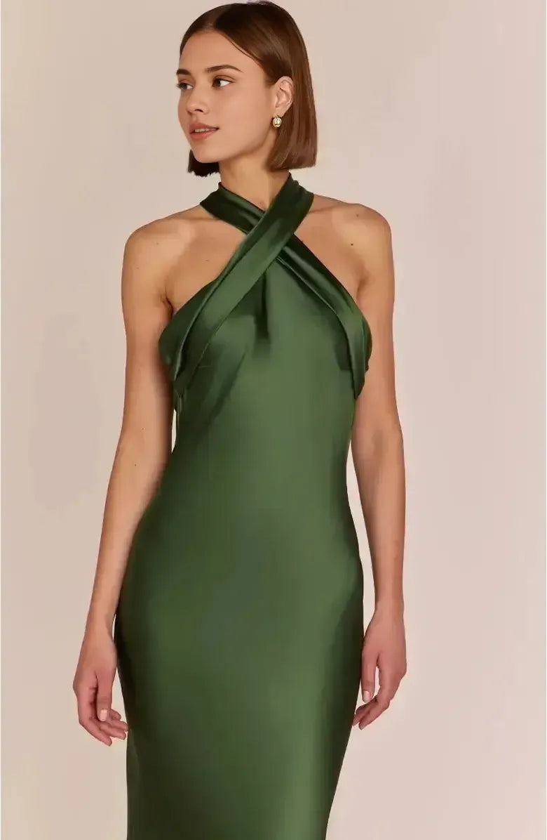 Modern Sheath Halter Neck Sleeveless Satin Floor-Length Prom Dress