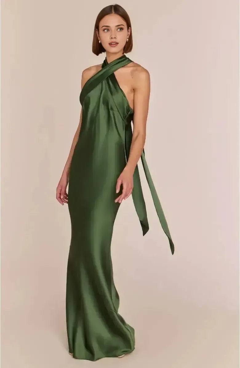 Modern Sheath Halter Neck Sleeveless Satin Floor-Length Prom Dress