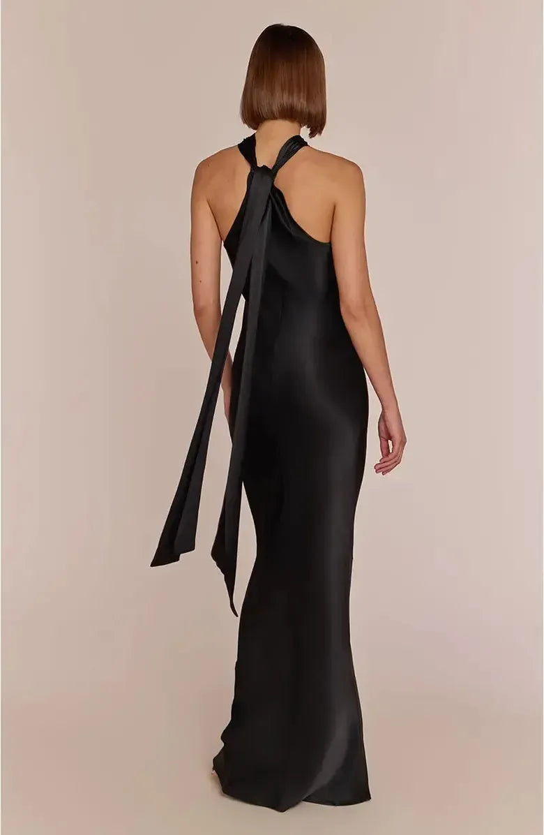 Unique Sheath Halter Neck Sleeveless Satin Floor-Length Prom Dress