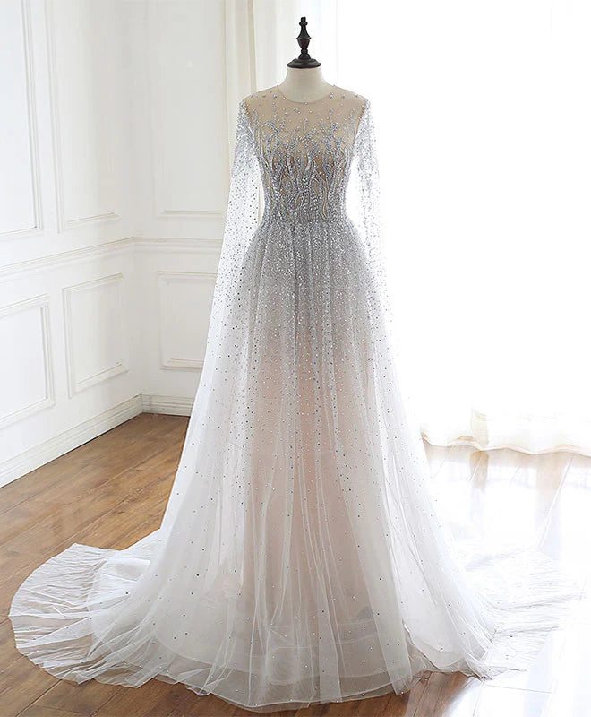 Robe de bal unique à col rond, tulle, paillettes, perles, manches volantées