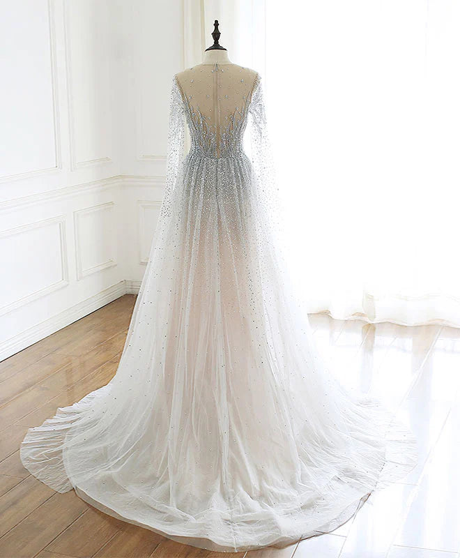Robe de bal unique à col rond, tulle, paillettes, perles, manches volantées