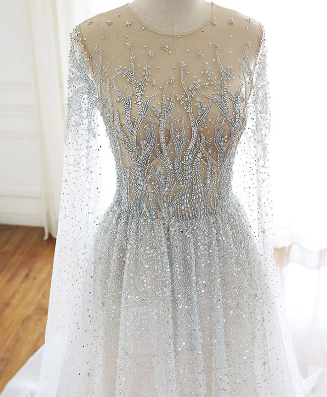 Robe de bal unique à col rond, tulle, paillettes, perles, manches volantées