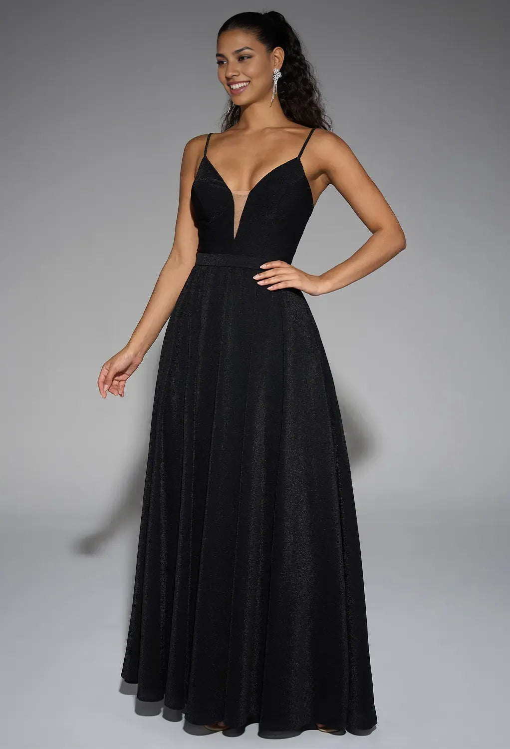 A-line V-Neck Glitter Spaghetti Straps Floor Length Prom Dresses Sleeveless Pleated Custom Off the Shoulder Evening Dresses