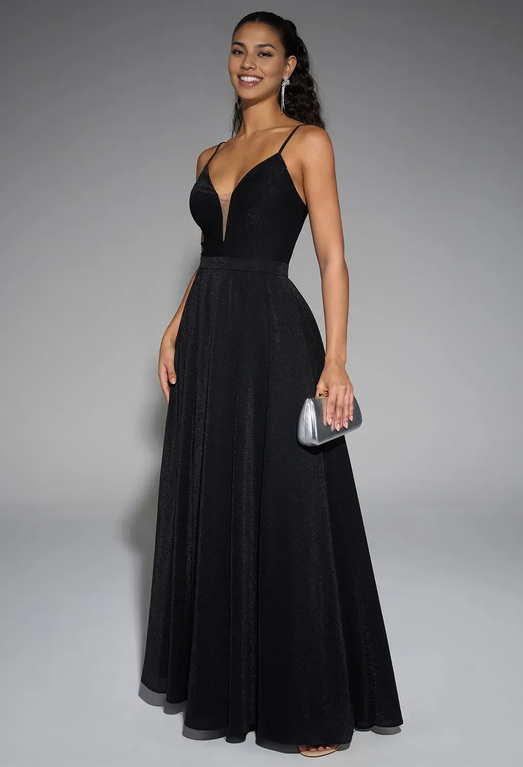 A-line V-Neck Glitter Spaghetti Straps Floor Length Prom Dresses Sleeveless Pleated Custom Off the Shoulder Evening Dresses