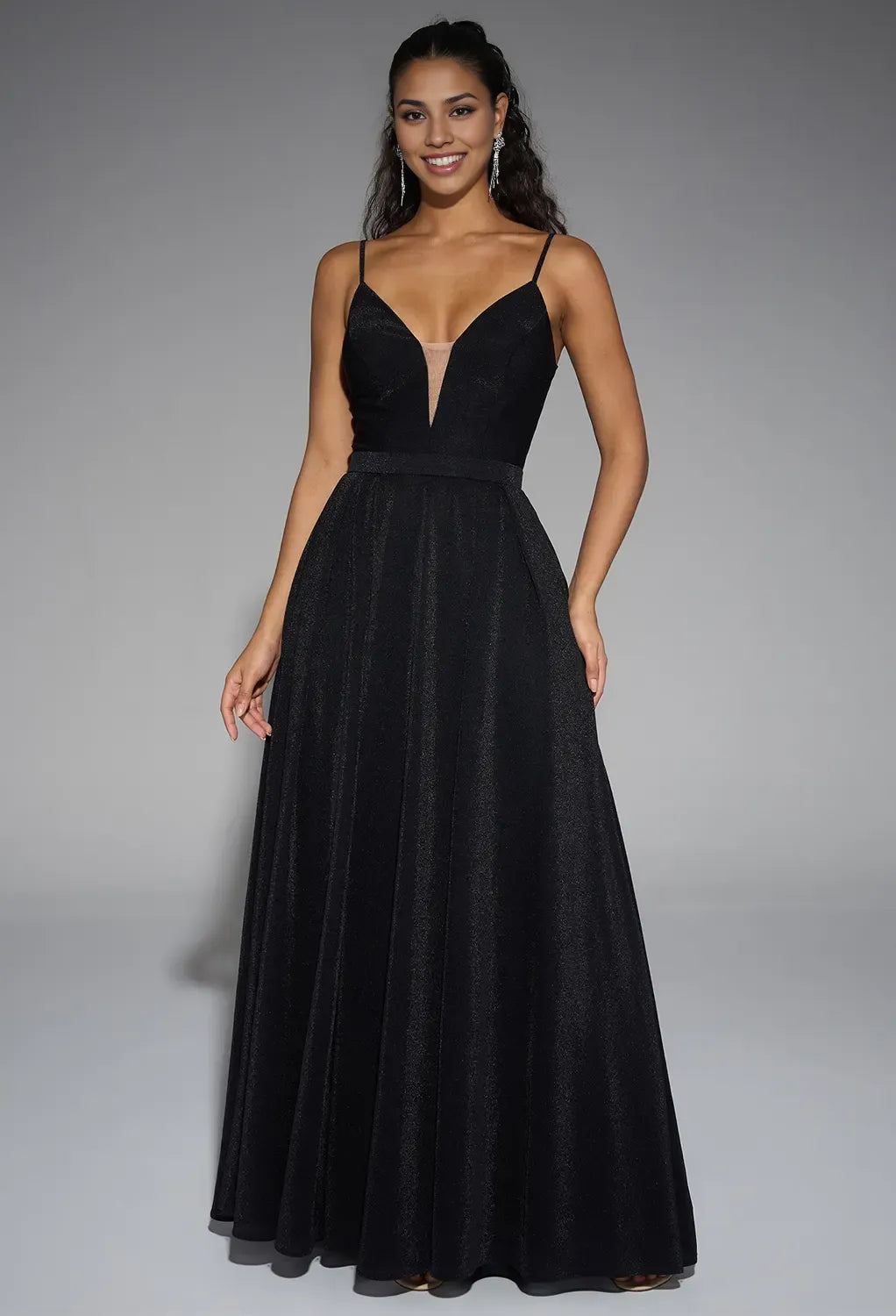 A-line V-Neck Glitter Spaghetti Straps Floor Length Prom Dresses Sleeveless Pleated Custom Off the Shoulder Evening Dresses