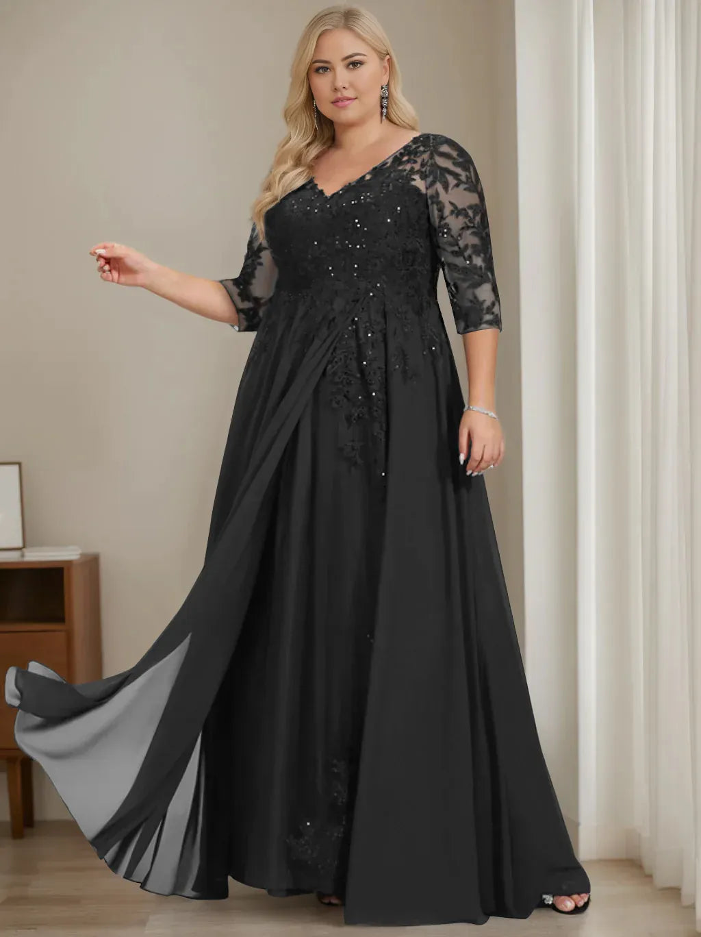 Mom Of The Bride Dressbride Mother Dress A-Line/Princess V-Neck Half Sleeves Floor-Length Plus Size Mother of the Bride Dresses with Sequins Formal Women's Dresses