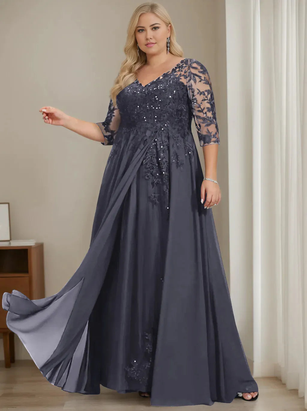 Mom Of The Bride Dressbride Mother Dress A-Line/Princess V-Neck Half Sleeves Floor-Length Plus Size Mother of the Bride Dresses with Sequins Formal Women's Dresses