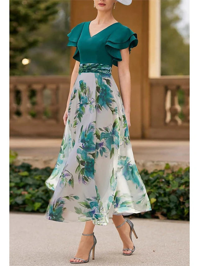 Formal Women's Dresses A-Line/Princess V-Neck Short Sleeve Floral Ankle-Length Mother of the Bride Dresses Prom Dresses Stores
