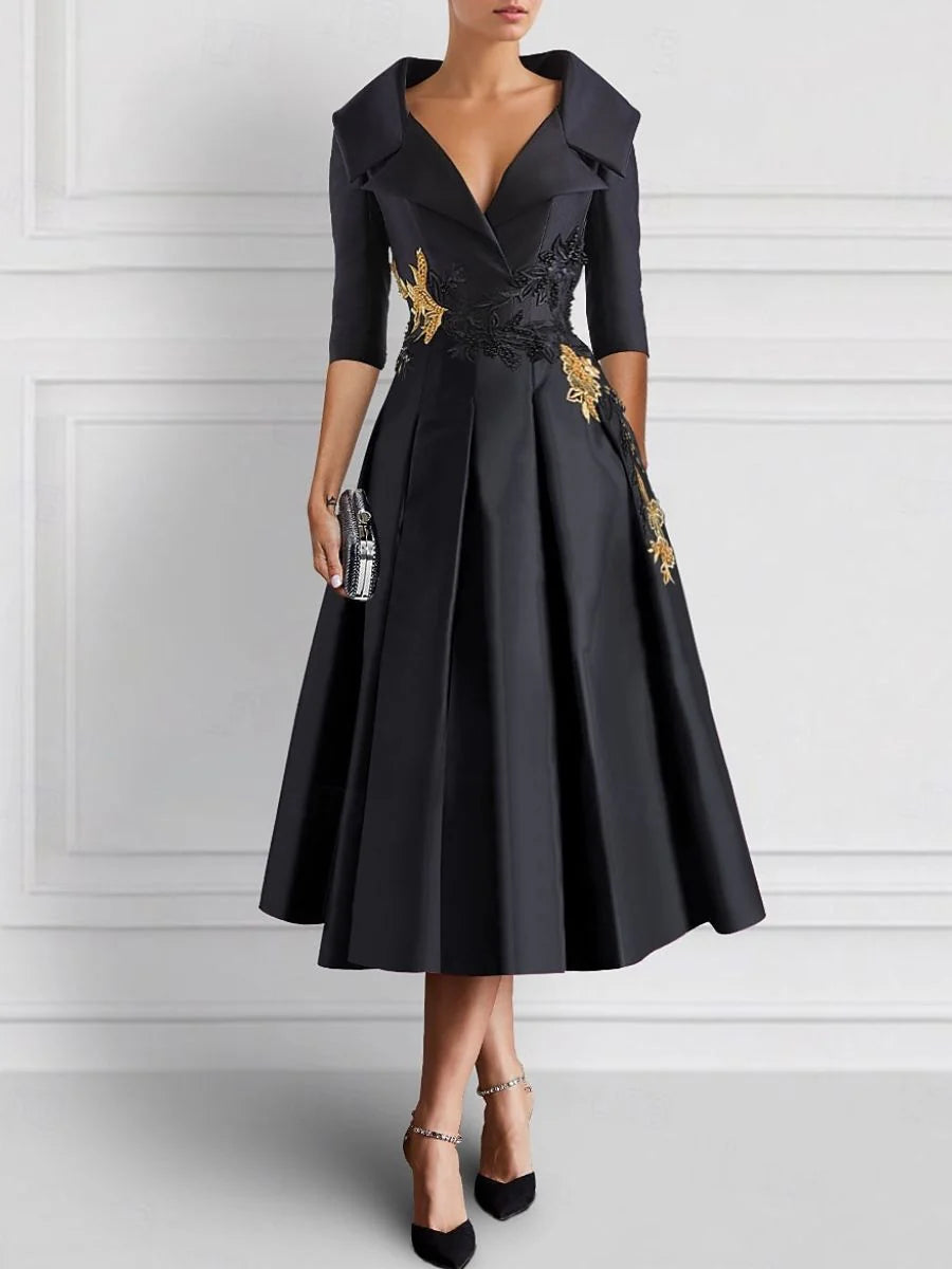 Mom Of The Bride Dressbride Mother Dress A-LinePrincess V-Neck Tea-Length Elegant Mother of the Bride Dresses with Appliques Formal Women's Dresses