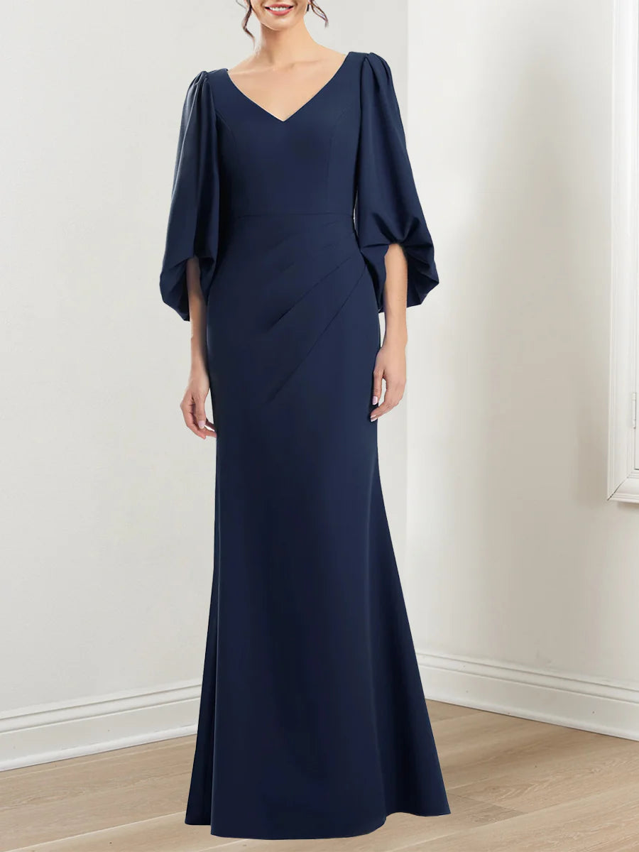 Formal Women's Dresses Trumpet/mermaid V-neck 3/4 Sleeves Mother Of The Bride Dresses With Ruffles Prom Dresses Stores