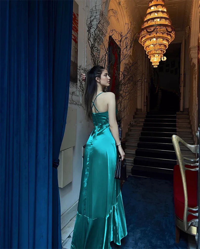 Robes de soirée Weitese pour femmes, élégantes, vertes, bretelles spaghetti, col en V, coupe trapèze, longues, robes de bal, magasins de robes de bal 