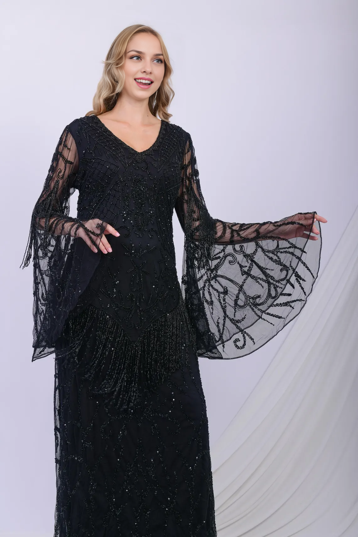 V-neck Large Sleeved Sequin Handmade Elegant Ball Dress Embroidered