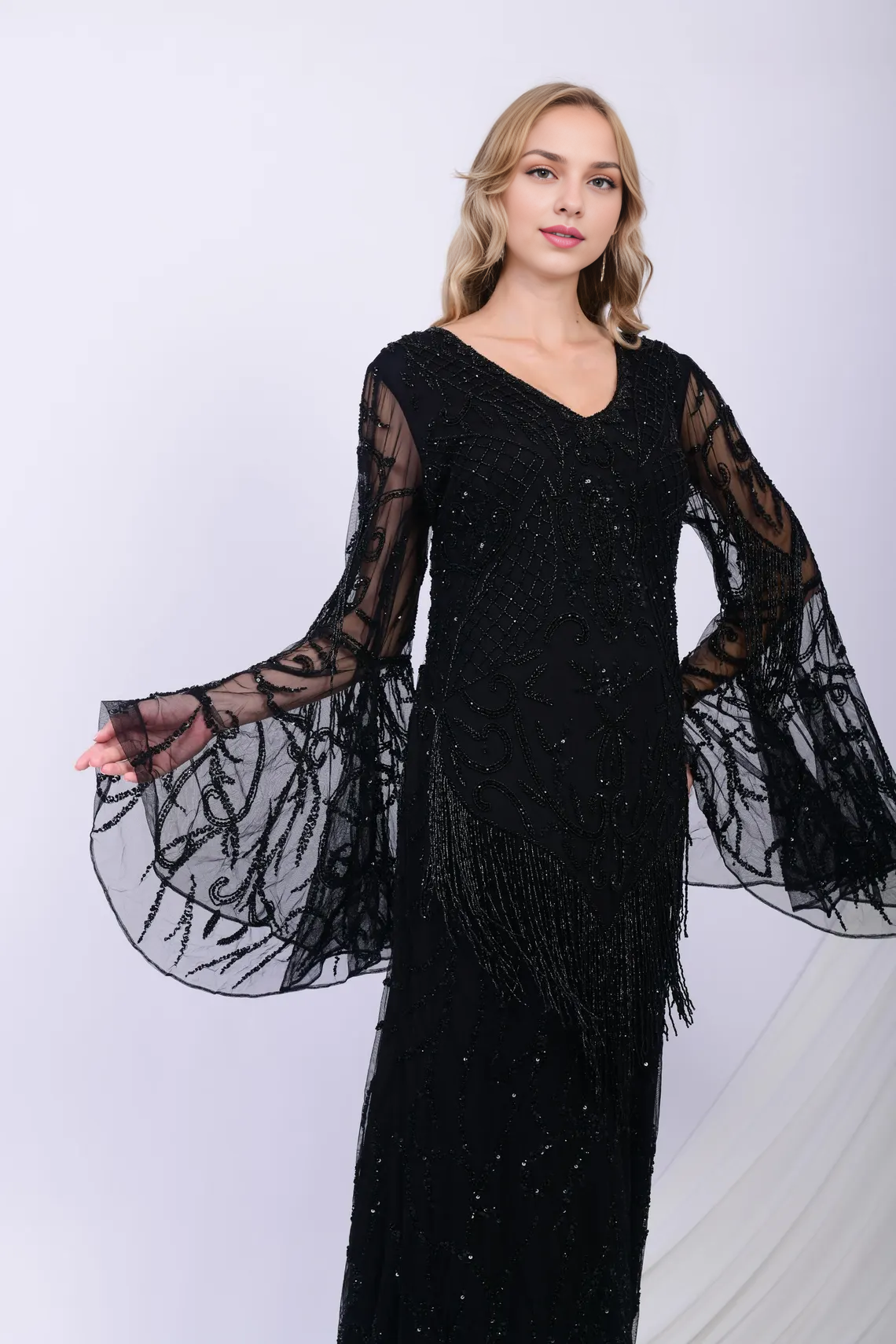 V-neck Large Sleeved Sequin Handmade Elegant Ball Dress Embroidered