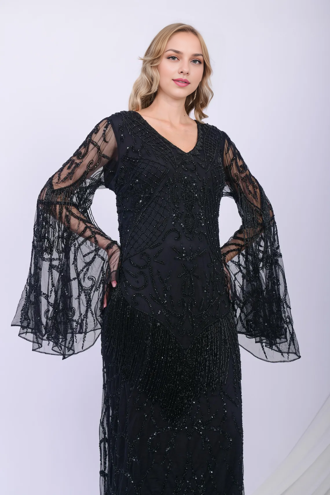 V-neck Large Sleeved Sequin Handmade Elegant Ball Dress Embroidered