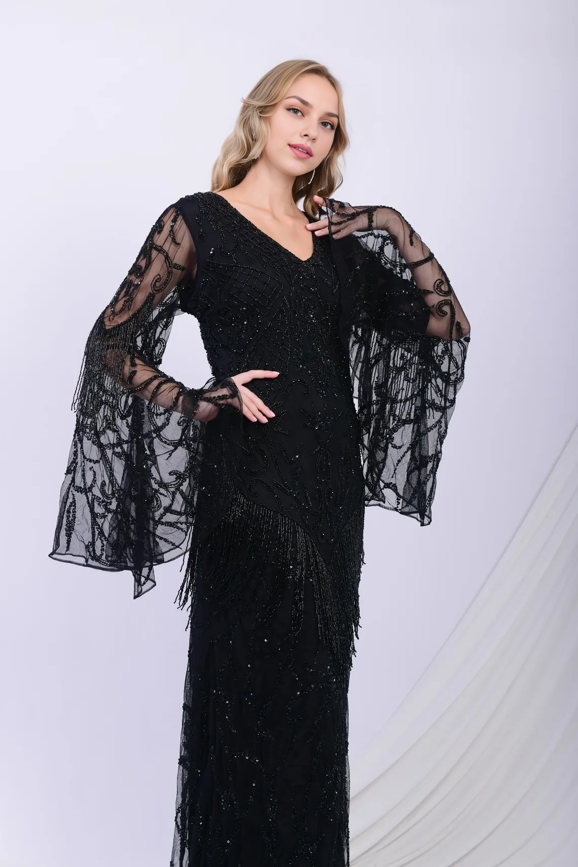 V-neck Large Sleeved Sequin Handmade Elegant Ball Dress Embroidered